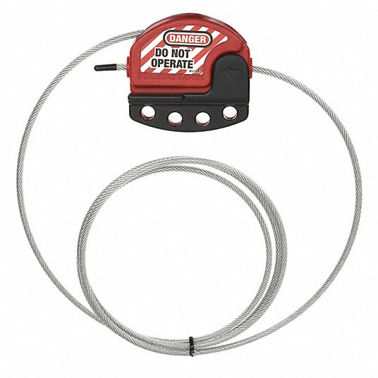 product Brady® 50940 Mini Cable Lockout, 1/16 in Dia x 8 ft L Vinyl Coated Steel Cable, 6 Padlocks, Red, 0.31 in Dia Max Padlock Shackle, LOTO-38 Glass Filled Nylon Body, Legend: DANGER LOCKED OUT DO NOT REMOVE, OSHA 1910.147